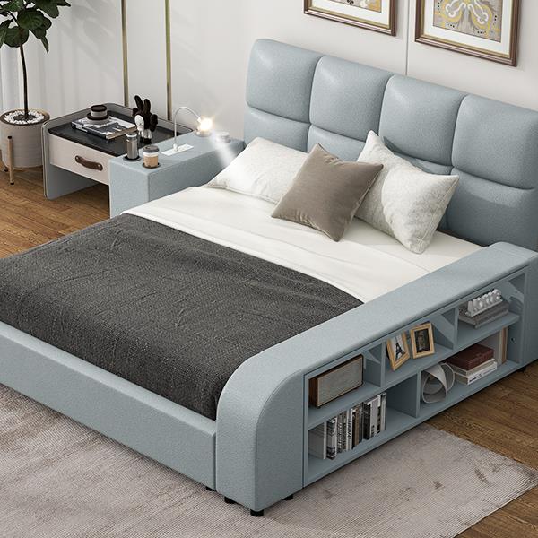 Queen Size Upholstered Platform Bed with Multimedia Nightstand and Storage Shelves, Gray