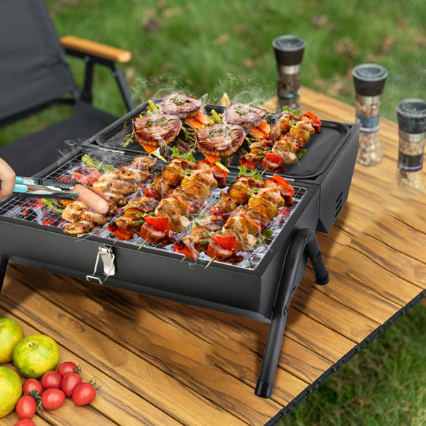 Portable Charcoal Grill Two Side Small BBQ Grill Folding Outdoor Stove Barbecue Smoker with 1Pc Grill Pan 2Pcs Grill Mesh