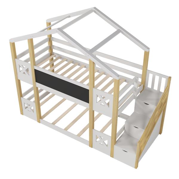 Twin over Twin House Bunk Bed with White Storage Staircase and Blackboards, White