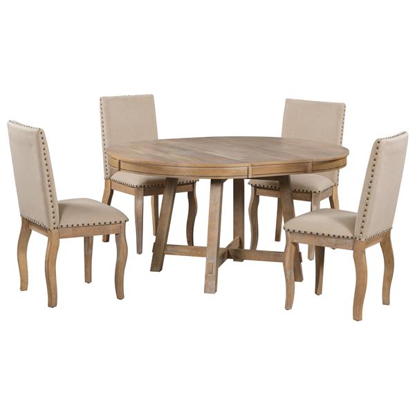 5-Piece Farmhouse Dining Table Set Wood Round Extendable Dining Table and 4 Upholstered Dining Chairs (Natural Wood Wash)