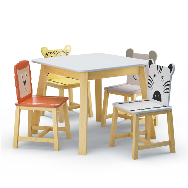 5 Piece Kiddy Table and Chair Set , Kids Wood Table with 4 Chairs Set Cartoon Animals (bigger table) (3-8 years old) 