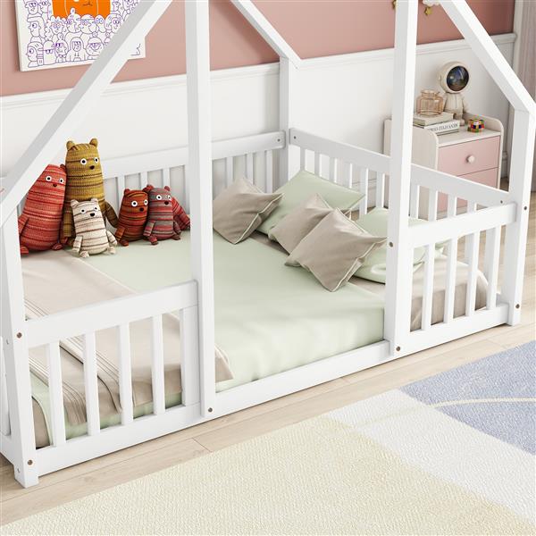 Full Wood House-Shaped Floor Bed with Fence, Guardrails,White