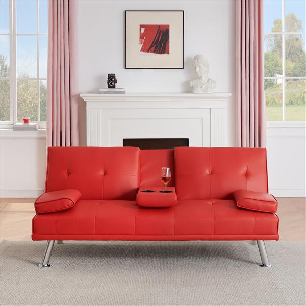 67" Red Leather Multifunctional Double Folding Sofa Bed for Office with Coffee Table