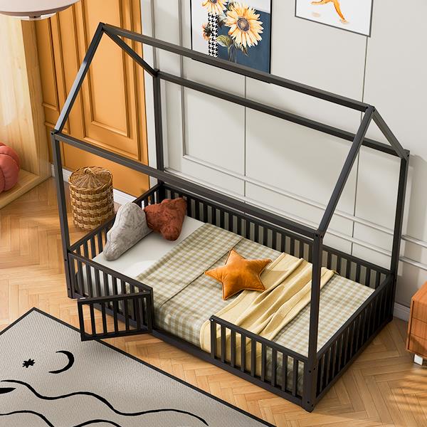 Twin Size Metal House Bed with Fence and Door, Black