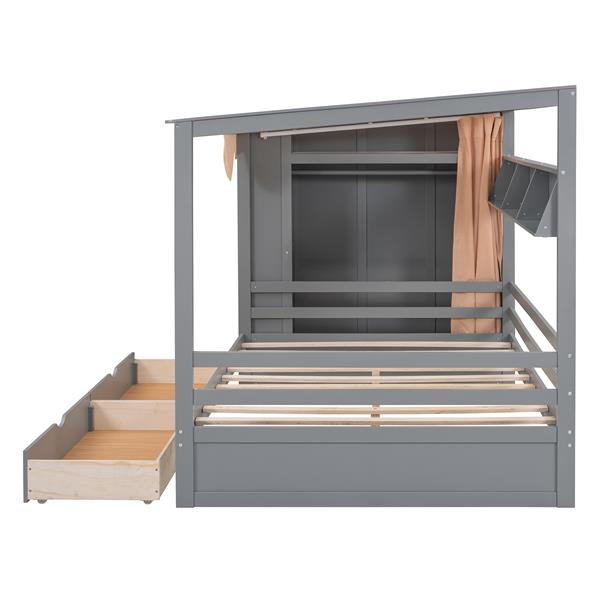 Full size House Bed with Two Drawers and Wardrobe,Gray