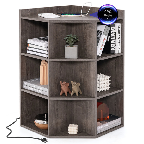 Grey three-layer corner cabinet with charging station