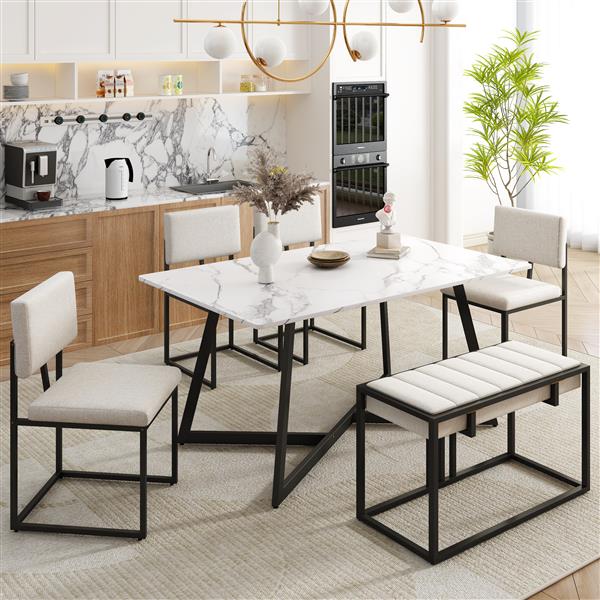 Modern Faux Marble 6-Piece Dining Table Set,60inch Metal Kitchen Table Set with Upholstered Dining Chairs and Bench, Black