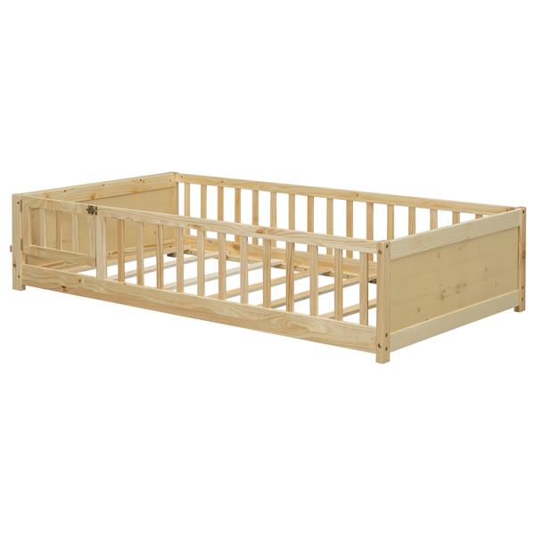 Twin size Floor Platform Bed with Built-in Book Storage Rack, Door,Natural