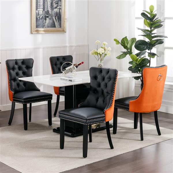 Furniture,Modern, High-end Tufted Solid Wood Contemporary PU and Velvet Upholstered Dining Chair with Wood Legs Nailhead Trim  2-Pcs Set，Black+Orange, SW2101BO