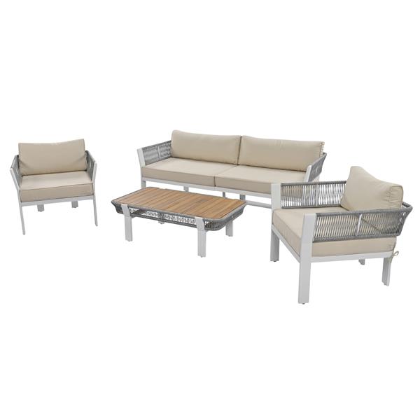 4-Piece Outdoor Patio Conversation Set with Coffee Table and Soft Waterproof Cushions for Garden, Poolside and Backyard(Gray Rope+Beige Cushion)