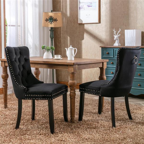 Modern, High-end Tufted Solid Wood Contemporary Velvet Upholstered Dining Chair with Wood Legs Nailhead Trim 2-Pcs Set, Black