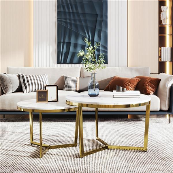 Modern Round Nesting Coffee Table Set 2-Piece White & Marbling Top Gold Base