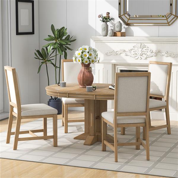 5-Piece Dining Set Extendable Round Table and 4 Upholstered Chairs Farmhouse Dining Set for Kitchen, Dining Room(Natural Wood Wash)