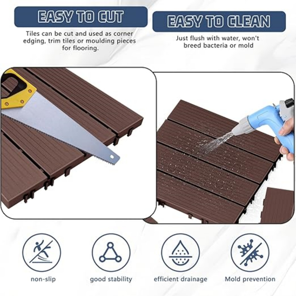 88pcs Straight stripe dark brown 11.8 "x 11.8" (30cmx30cm) interlocking deck plastic tiles four-way locking, non-slip waterproof indoor and outdoor, all-weather terrace tiles, Plastic tile floor