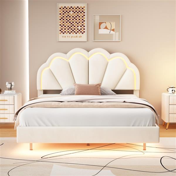 Full Upholstered Smart LED Bed Frame with Elegant Flowers Headboard,Floating Velvet Platform LED Bed with Wooden Slats Support,Beige