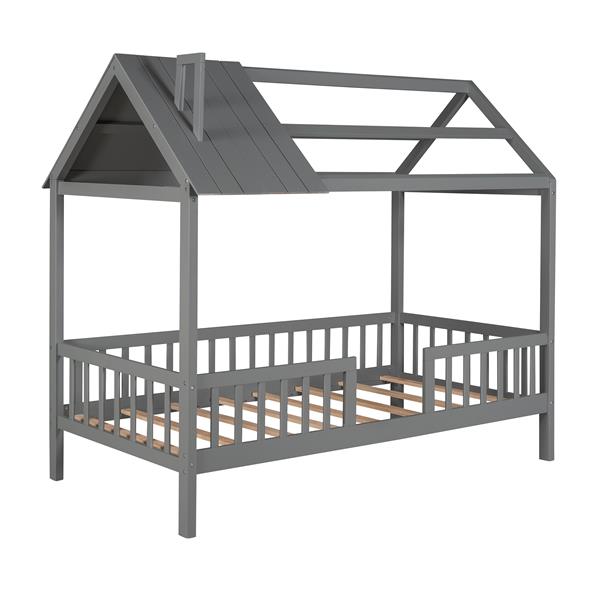 Twin Size Wood House Bed with Fence, Gray