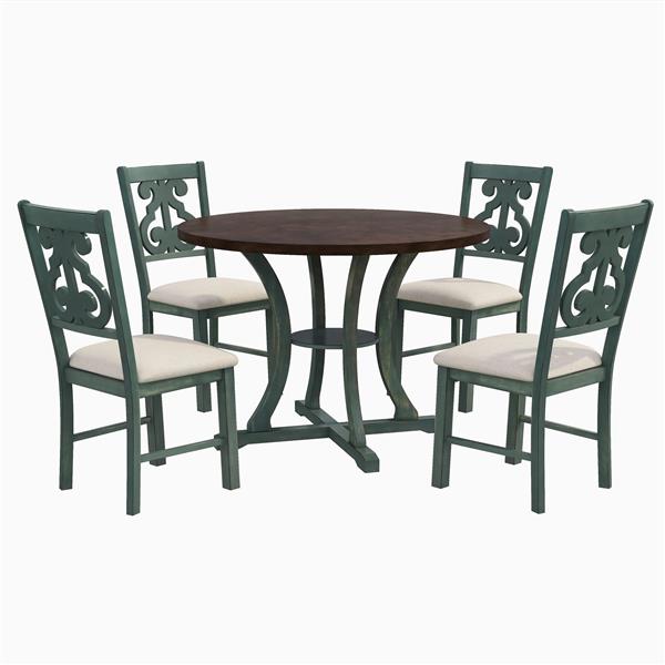 5-Piece Round Dining Table and 4 Fabric Chairs with Special-shaped Table Legs and Storage Shelf (Antique Blue/ Dark Brown)