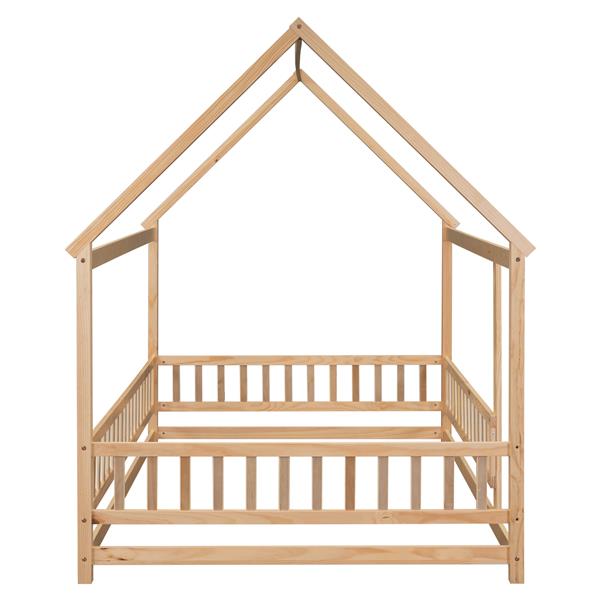 Full Size Floor Wooden Bed with House Roof Frame, Fence Guardrails ,Natural