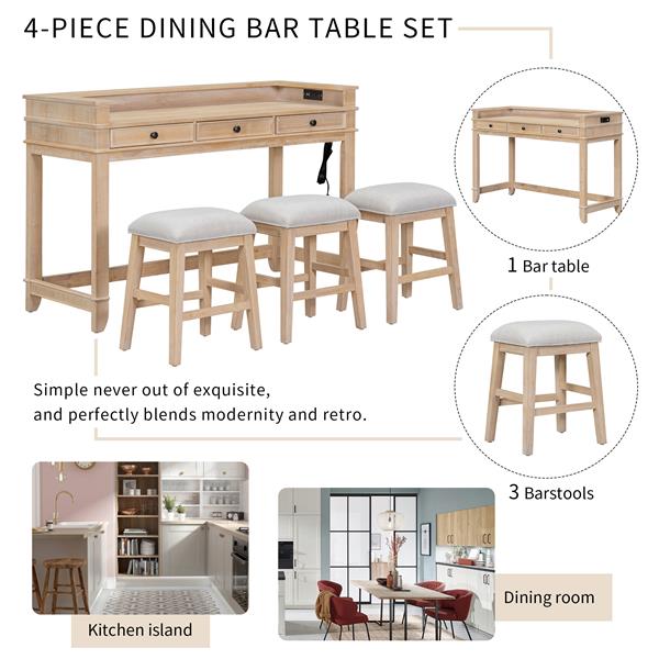 4-piece Dining Bar Table Set with 3 Upholstered Stools, Multifunctional Dining Table with 3 Drawers (Natural Wood Wash)