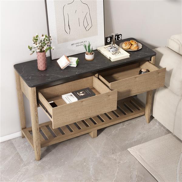 47 Inch Modern Farmhouse Double Drawers Console Table for Living Room or Entryway, Tobacco Wood and Black Marble Texture