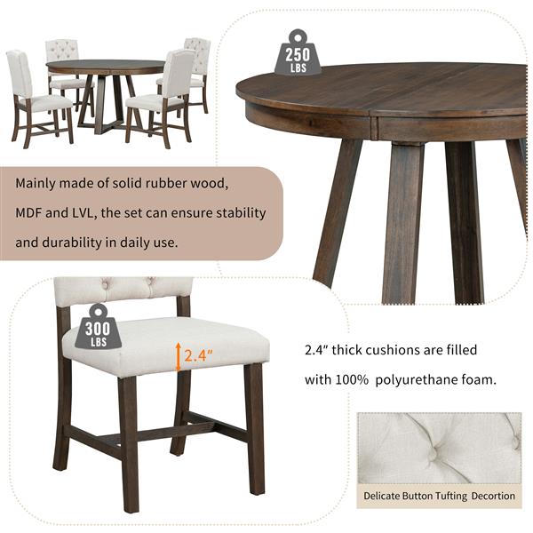 5-Piece Retro Functional Dining Set, Round Table with a 16"W Leaf and 4 Upholstered Chairs for Dining Room and Living Room (Walnut)