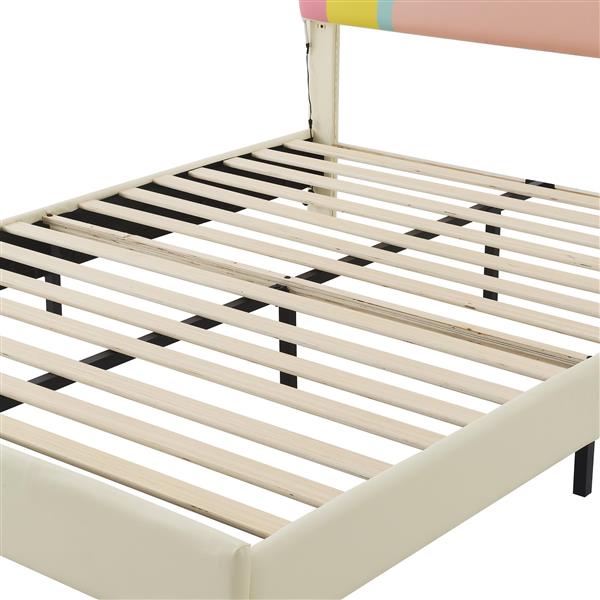 Full Size Upholstered Platform Bed with Rainbow Shaped and Height-adjustbale Headboard,LED Light Strips,Beige