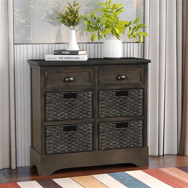 Rustic Storage Cabinet with Two Drawers and Four  Classic Rattan Basket for Dining Room/Living Room (Brown Gray)