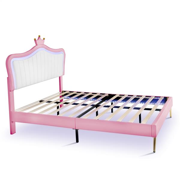 Queen Size Upholstered Bed Frame with LED Lights,Modern Upholstered Princess Bed With Crown Headboard,White+Pink