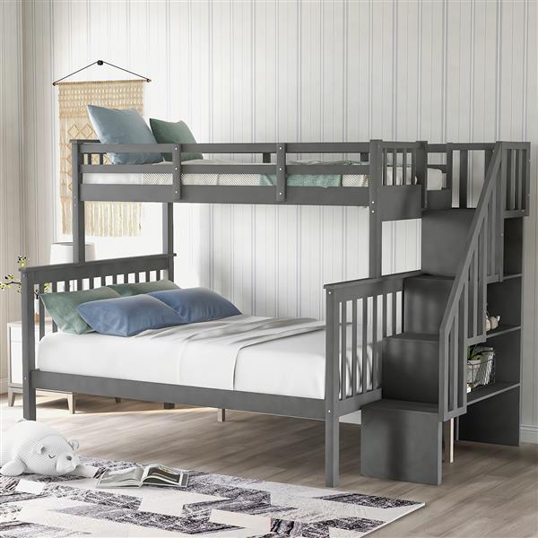 Stairway Twin-Over-Full Bunk Bed with Storage and Guard Rail for Bedroom, Gray color