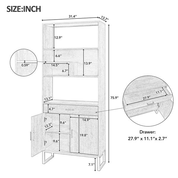 75.9"Modern Open Bookshelf with Doors, Bookcase with Storage drawer and LED Strip Lights,Free Standing Display Rack,Wooden Tall Bookshelf for Living Room and Office, Walnut