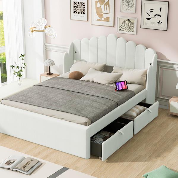 Full Size Upholstered Platform Bed with 4 Drawers and 2 USB, Beige