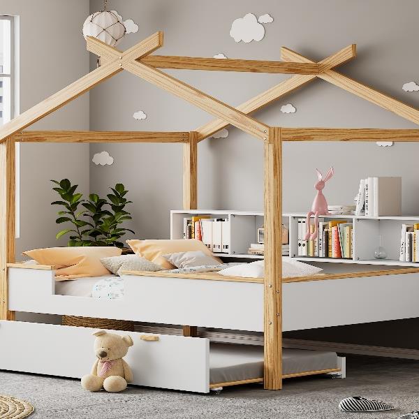 White Full Size Wooden House Bed with Original Wood Colored Frame Twin Size Trundle and Bookshelf Storage Space for Children or Guest Room