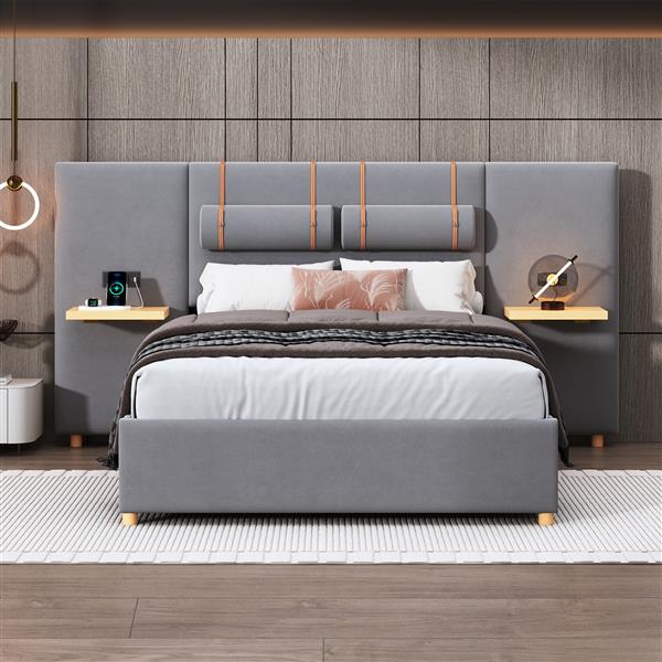 Full size upholstered platform bed with two outlets and USB charging ports on both sides, two bedside pillows, storage shelf, Gray