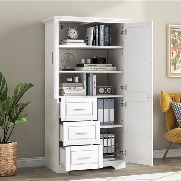 Tall and Wide Storage Cabinet with Doors for Bathroom/Office, Three Drawers, White