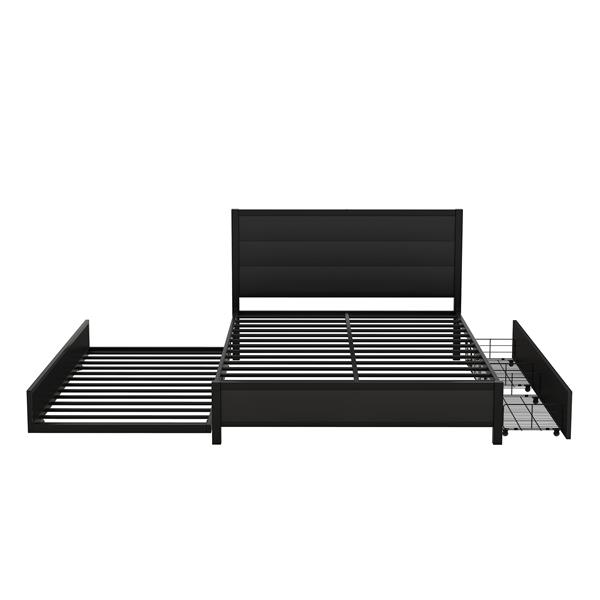 Metal Queen Size Storage Platform Bed with Twin Size Trundle and 2 Drawers, Black