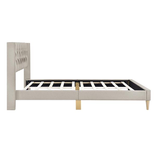 Upholstered Platform Bed with Rubber Wood Legs,No Box Spring Needed, Linen Fabric,Queen Size-Beige