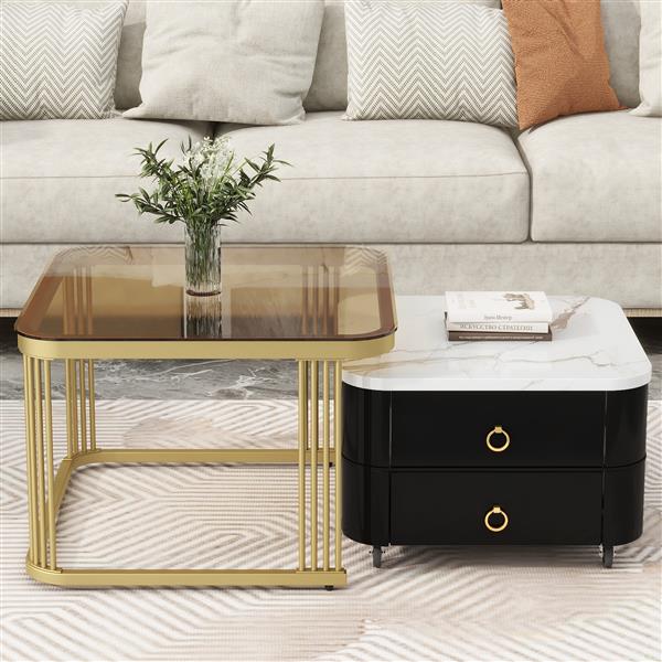 2-in-1 Square Nesting Coffee Table with Wheels & Drawers, Stackable Side Table with High Gloss Marble Grain Top, End Table Set with Brown Tempered Glass for Living Room, Black