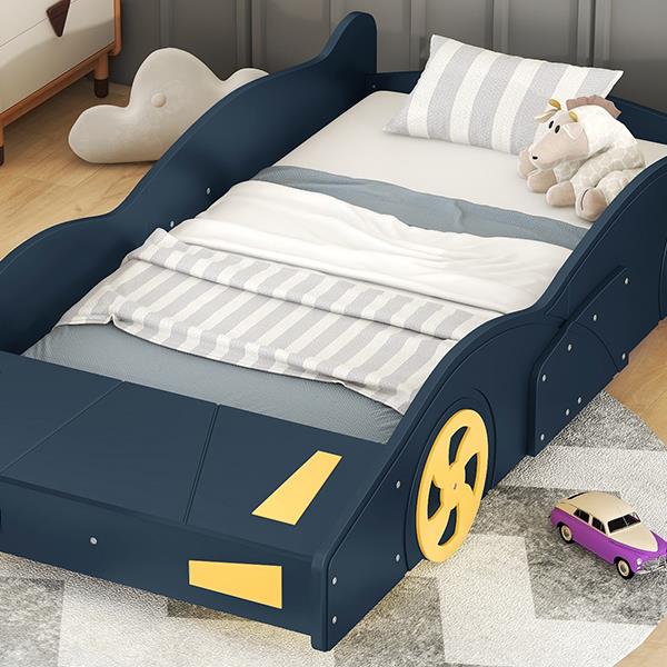 Twin Size Race Car-Shaped Platform Bed with Wheels and Storage, Dark Blue+Yellow