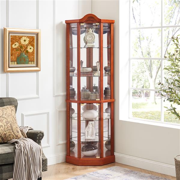 Glass Cabinet Lighted Corner Cabinet Corner Display Curio Cabinet, Glass Display With Light(Included)Bar Cabinet,Wine Cabinet with Adjustable Glass Shelves Carved Decoration OAK Light(Included)