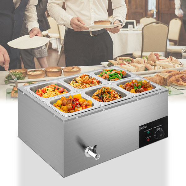 ZOKOP 110V 1200W 3L*6 Stainless Steel Small Six Plates Heating Food Warming Soup Pool Silver