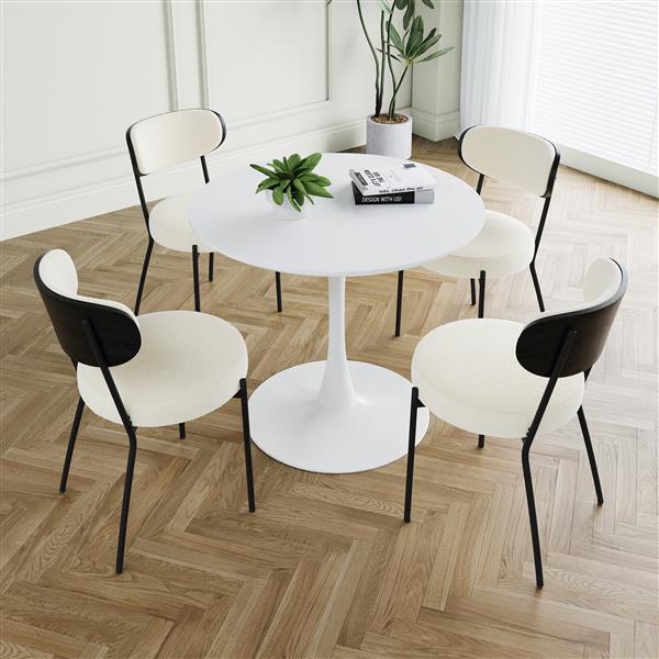 Modern grey simple teddy velvet dining chair Upholstered chair Family bedroom stool back dressing, white round table set,Bentwood covered with ash veneer Chair back,chair black metal legs (set of 5)