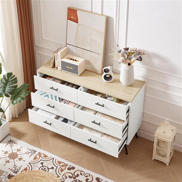 6 Drawer Dresser for Bedroom with Deep Drawers, Wood Dressers & Chest of Drawers, Modern White Long Dressers for Closet Living Room, 47.2"W x 15.7"D x 31.5"H, White & oak