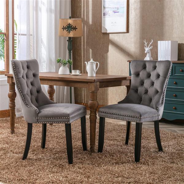 Modern, High-end Tufted Solid Wood Contemporary Velvet Upholstered Dining Chair with Wood Legs Nailhead Trim 2-Pcs Set,Gray