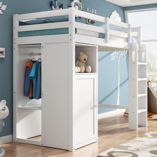 Twin Loft Bed with Wardrobe, Storage Shelves and Ladder, White