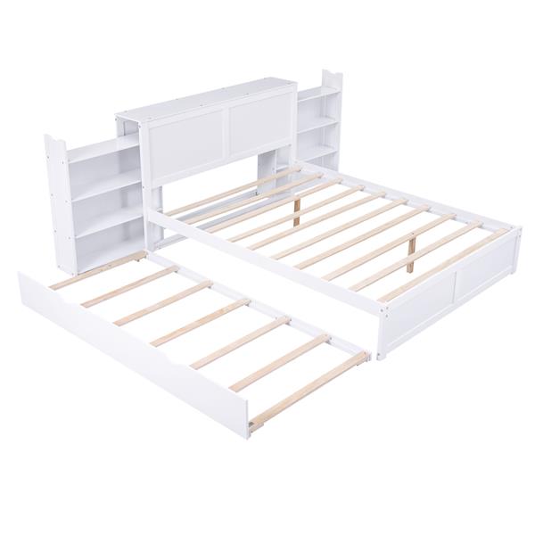 Queen Size Storage Platform Bed with Pull Out Shelves and Twin  XL Size Trundle, White