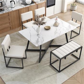 Modern Faux Marble 6-Piece Dining Table Set,60inch Metal Kitchen Table Set with Upholstered Dining Chairs and Bench, Black