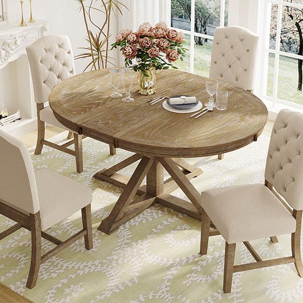 Functional Furniture Retro Style Dining Table Set with Extendable Table and 4 Upholstered Chairs for Dining Room and Living Room(Natural Wood Wash)