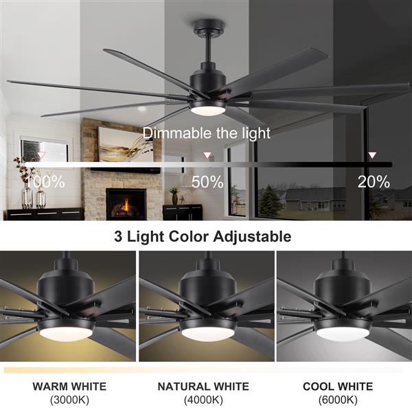 72" Supper Large Integrated LED Light Ceiling Fan with Black ABS Blade