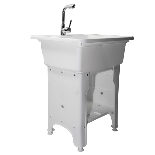 White Freestanding Plastic Utility Sinks Utility Sink Laundry Tub Outdoor Sink Drop in Deep Sink Kit with Inlet Pipe and Drain Pipe