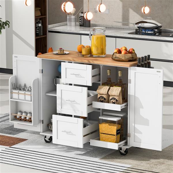 Rolling Kitchen Island with Storage, Kitchen Cart with Rubber Wood Top, 3 Drawer, 2 Slide-Out Shelf and Internal Storage Rack, Kitchen Island on Wheels with Spice Rack & Tower Rack, White